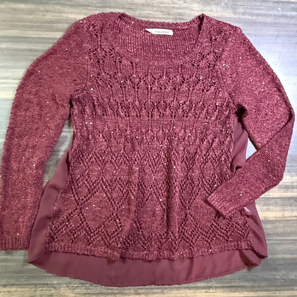 Maurices Knit Sweater Top Burgundy Sparkle Embellished‎ Blouse Plus Sz 1